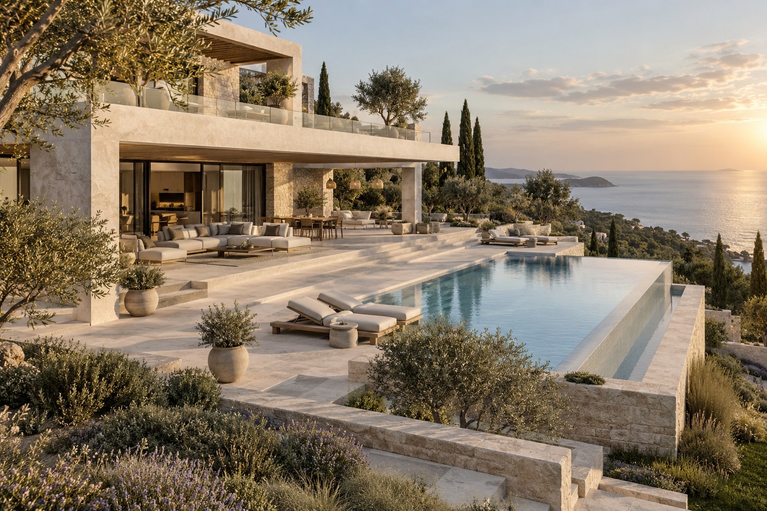 Illustrative elevated perspective of a contemporary Mediterranean villa